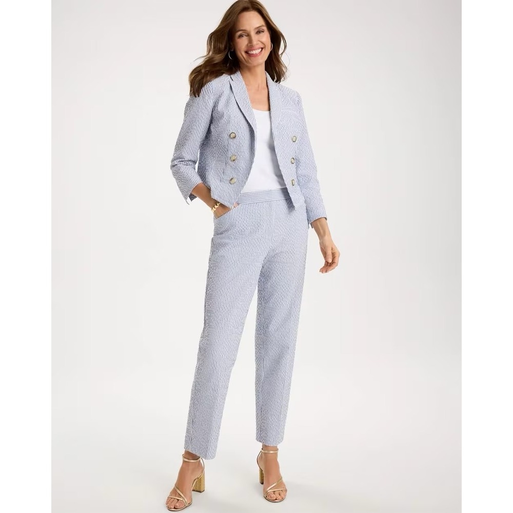 Chicos Seersucker Blazer Pant Suit Sz 8 Blue White Striped Coastal Preppy NWT